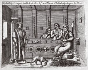 Philpots mester a Colehouse-ban volt, ahol Thomas Whittle papot találta a készletben ülve, illusztrációja John Foxe Cselekedetei és emlékművéből, kilencedik kiadás, kocsma. 1684 alkotó: English School