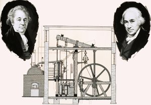 Matthew Boulton és James Watt az egyik szabadalmaztatott gőzgéppel alkotó: English School