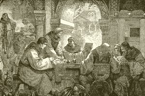 Középkori kultúra – Szerzetesek egy kolostorban, könyveket világítanak és írnak át alkotó: English School