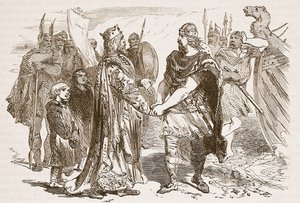 Edmund Ironside és Canute találkozása Alney szigetén a Severnben 1016-ban, illusztráció a Cassells Illustrated History of Englandből (szépia fotó) alkotó: English School