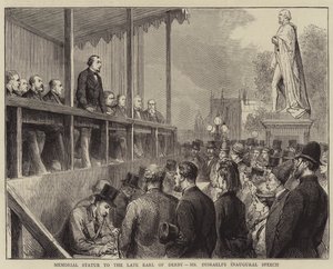 Emlékszobor Derby néhai grófjának, Disraeli úr beiktatási beszéde (metszet) alkotó: English School