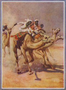 Tevéken lovagló férfiak egy versenyen a sivatagban (színes litho) alkotó: English School