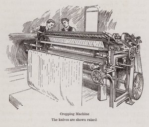 Férfiak, akik textilvágó gépen dolgoznak (litho) alkotó: English School