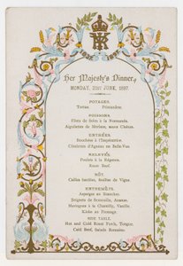 Menü Viktória királynő vacsorájára 1897. június 21-én, hétfőn, gyémánt jubileumát megelőző napon alkotó: English School