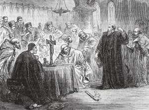 Mollio ledobta a fáklyát az inkvizíció előtt, illusztráció a protestantizmus történetéből, James Aitken Wylie (1808-1890), pub. 1878 alkotó: English School