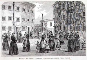 Anyák gyermekeikkel edzenek a Tothill Fields-i börtönben, Henry Mayhew (1812-87) és John Binny „A londoni bűnügyi börtönök és a börtönélet színterei” című művéből alkotó: English School