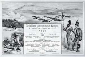 Az Alexandra Palotában 1875. október 25-én megtartott Balaklava megemlékezési bankett falra szerelt illusztrált menüje (metszet) alkotó: English School