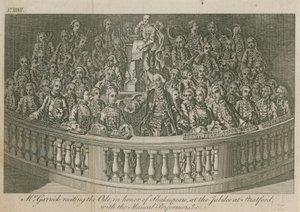 David Garrick elmondja az Ódát William Shakespeare tiszteletére a stratfordi jubileumon alkotó: English School