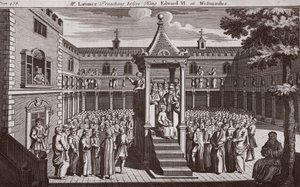Latimer úr prédikál VI. Edward király előtt Westminsterben, illusztráció a Foxes Martyrs c.1703-ból alkotó: English School