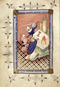 Ms.49 f.18v Canterbury-i Szent Tamást (1118-70 körül) két lovag megtámadja, Horae, 1420-30 alkotó: English School