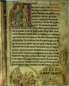 Ms.O.1.20.f.241v Jerome: Egy beteget meglátogató orvos és egy patikus, a „De Nominibus Herbraicis”-ból (vellum) alkotó: English School