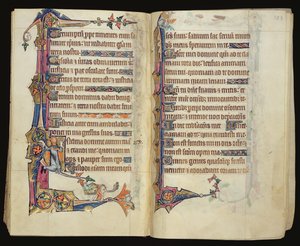 Ms 1-2005, ff.122v-123r: Groteszk marginális díszítés a Macclesfield Zsoltárból, Sarum használata, East Anglia, 1330 körül alkotó: English School