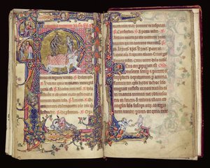 Ms 1-2005, ff.235v-236r: Death Striking, történetírásos kezdőbetű a Macclesfield Psalterből, Use of Sarum, East Anglia, 1330 körül alkotó: English School