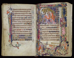 Ms 1-2005, ff.38v-39r: Dávid felkenése, történetileg D kezdőbetűje a Macclesfield Zsoltárból, Use of Sarum, East Anglia, 1330 körül alkotó: English School