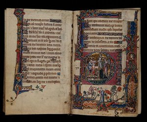 Ms 1-2005, ff.57v-58r: Saul elküldi Doeget, hogy ölje meg Nob papjait, történetírás a Macclesfield Psalter kezdőbetűjéből, Use of Sarum, East Anglia, 1330 körül (vellum) alkotó: English School