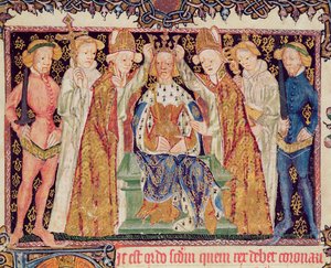 Ms 197 f.3r Király koronázása, Liber Regalistól alkotó: English School