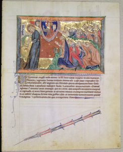 Ms L.A. 139-Lisboa fol.28 A 7. angyal trombitáját fújja és a 24 Istent imádó vén a Gulbenkian Apokalipszisből, 1265-70 körül alkotó: English School