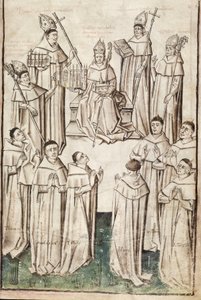 Ms. New Coll 288, f4r. (Chaundler-kézirat), William of Wykeham élete, Thomas Chaundler (toll, tinta és tempera pergamen) alkotó: English School