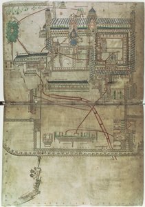 Ms R 171 f.285 Canterbury katedrális és a vízvezeték-rendszer terve, az „Eadwine Psalter”-ből, 1150 körül (vellum) alkotó: English School