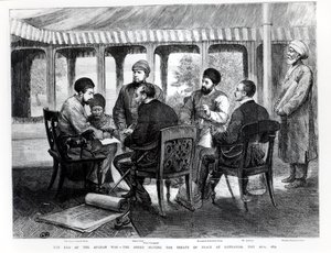 Muhammad Yaqub Khan (1849-1923) aláírta a békeszerződést Gundamakban 1879. május 26-án alkotó: English School
