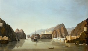 Muscat a kikötőből egy brit fregatttal a horgonyban, R. Temple hadnagy által készített Tizenhat kilátás a helyekről a Perzsa-öbölben, 1813-ban (akvatinta)