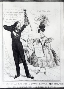 „Zene és szerelem vagy két rivális előadó egy húron és egy íjjal”, Hector Berlioz (1803-69) és Harriet Smithson (1800-54) karikatúrája alkotó: English School