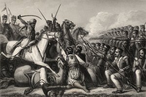 A lázadó lovasság egy gyalogsági teret támadott meg a cawnpore-i csatában 1857-ben, az 1858-ban megjelent „The History of the Indian Mutiny” c. alkotó: English School