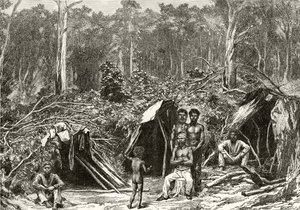 Native Aboriginie Campment, 1880 körül, Howard Willoughby „Australian Pictures” című művéből, a Religious Tract Society, London, 1886 alkotó: English School