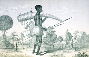 Díszített elefántcsont-agyarat hordozó őslakos, a Közép-afrikai tóvidékről, Richard F. Burton (1821-90), 1860 alkotó: English School