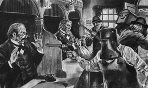 Ned Kelly portyáz egy bankot (litho) alkotó: English School