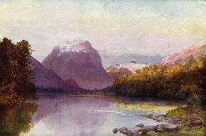 Új-Zéland: Te Anau tó partján (színes litográfia) alkotó: English School