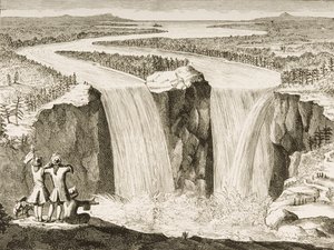 Niagara-vízesés, Hennepin atya 1677-ben készített vázlata után, a Religious Tract Society által 1876-ban kiadott „American Pictures”-ből alkotó: English School