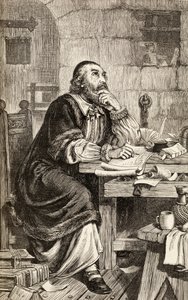 Nicholas Ridley leveleket ír a börtönben, miközben a kivégzésére vár, 1865 körül (fametszet) alkotó: English School