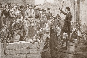 Nicholas prédikál a tömegnek egy csónakból a Scheldten, illusztrációja James Aitken Wylie (1808-1890) A protestantizmus története című könyvéből, kocsma. 1878 alkotó: English School