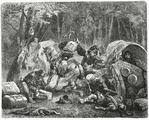 Utazó kereskedőket kifosztó nemesek, 1882 alkotó: English School