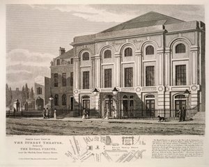 Északkeleti kilátás a Surrey Színházra, korábban a Királyi Cirkuszra az obeliszk közelében, Great Surrey Street, 1814 alkotó: English School