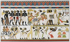 Núbiai főnökök ajándékot hoznak Egyiptom királyának, egy ókori egyiptomi falfestmény másolata egy thébai sírból, Kr.e. 1380 körül, Az emberiség története III. kötetéből, Friedrich Ratzel professzor, 1898 alkotó: English School