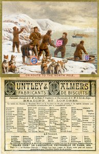 Útban az Északi-sarkra, a francia piacra gyártott Huntley & Palmers Biscuits promóciós kártyájának eleje és hátulja, 1890 alkotó: English School