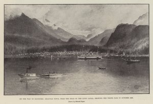 Útban Klondike felé, Skagway Town, a Lynn-csatorna fejétől, a White Pass bemutatásával 1897 októberében (litho) alkotó: English School
