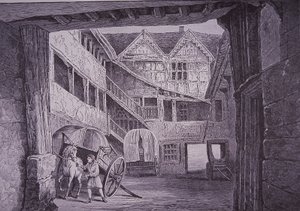 Ostler ló kíséretében a New Inn udvarán, Gloucesterben (fametszet) alkotó: English School