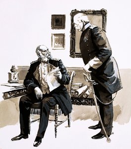 Otto von Bismarck rávette Vilmos királyt, hogy ne mondjon le (gouache papíron) alkotó: English School