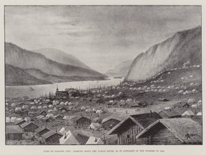 Dawson City része, a Yukon folyóra nézve, ahogyan 1898 nyarán megjelent (litho) alkotó: English School