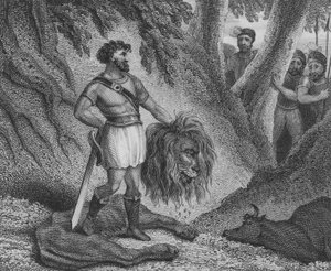 Alacsony Pepin, a frankok királya bebizonyítja, hogy termete nem akadályozza az oroszlán megölésével uralkodni alkotó: English School