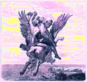 Perseus a szárnyas lovon Pegazus, medúza fejjel, illusztráció a The Illustrated History of the Worldből, megjelent 1880 körül (digitálisan javított kép) alkotó: English School