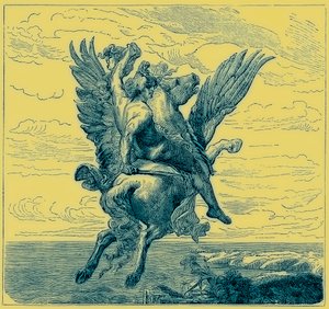 Perseus a szárnyas lovon Pegasus, Medusa fejével, illusztráció a „The Illustrated History of the World”-ből, megjelent 1880 körül (digitálisan javított kép) alkotó: English School