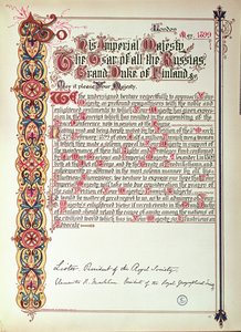 Petíció II. Miklós orosz cárhoz Finnország oroszosítása ellen tiltakozva, 1899 (világos papír) alkotó: English School