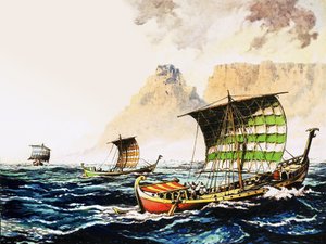 Egy egyiptomi fáraó föníciai felfedezőket küldött, hogy körbehajózzák Afrika partjait Kr.e. 600-ban alkotó: English School