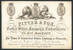 Pitter & Fox, arany és ezüst csipke és hímzés, kereskedelmi kártya alkotó: English School