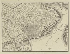Boston terve, amely a tűz kiterjedését mutatja (metszet) alkotó: English School