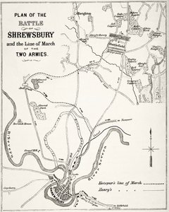 A Shrewsbury-i csata terve, 1403. július 21. William Hickman Smith Aubrey (1858-1916) „Anglia nemzeti és hazai története” című könyvéből, London, 1890 körül. alkotó: English School